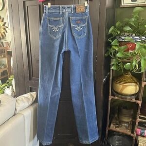 Vintage 1970s Petacci Straight Leg Women's Blue Jeans White Stitch Size 7‎